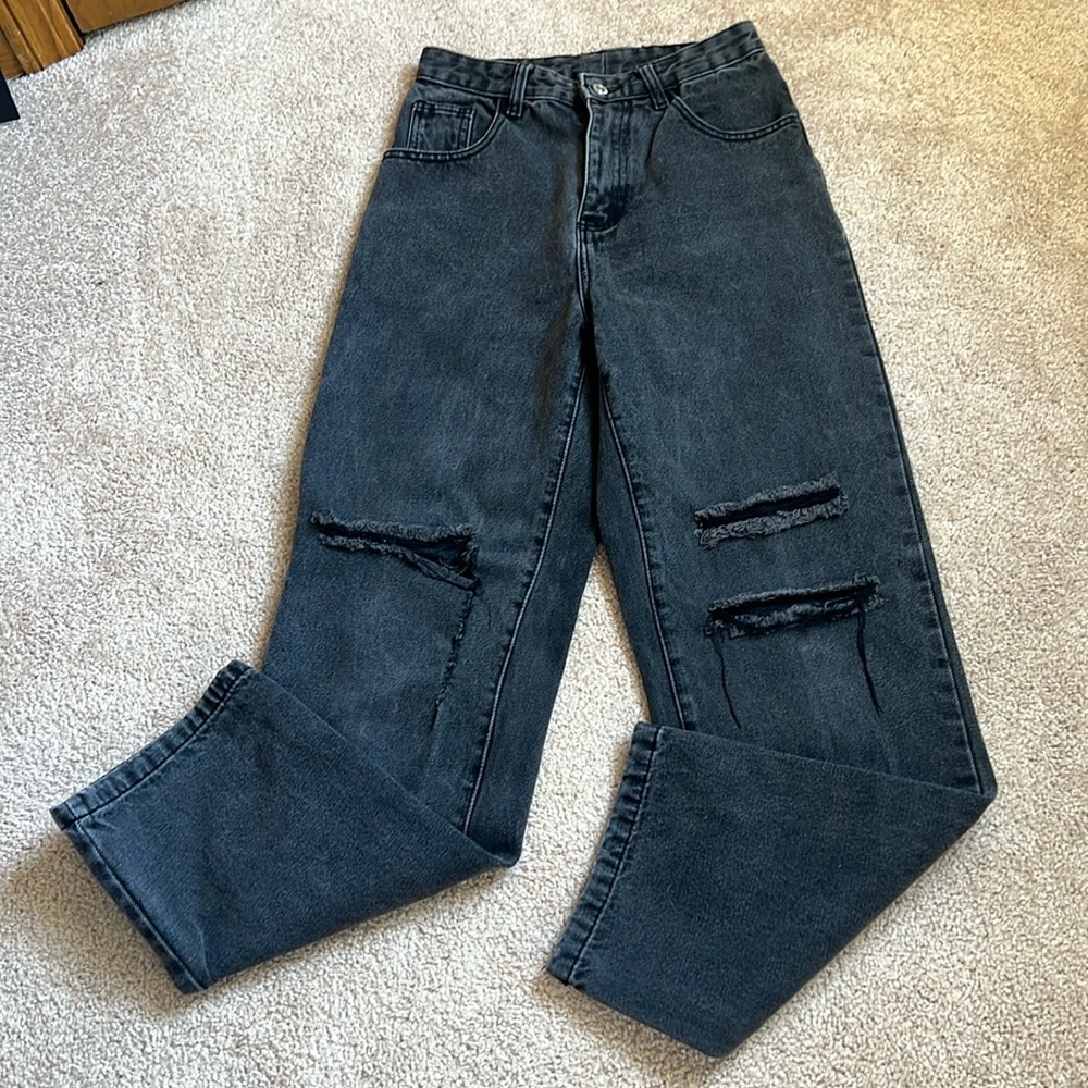 SHEIN Black High Waisted Ripped Wide Leg Jeans. Size Small. **Have been altered*